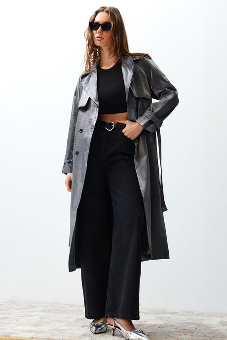 Anthracite Oversize Wide Cut Belted Trench Coat Twoss24tr00010