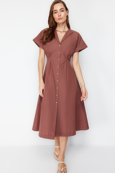 Brown Slit Midi Woven Shirt Dress Twoss24el00052