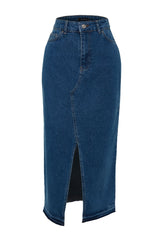 Dark Blue Slit Maxi Denim Skirt Twoss23et00289