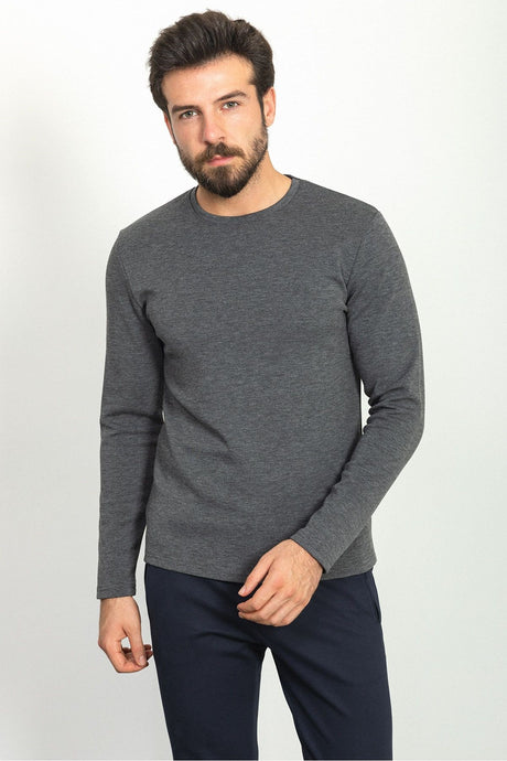 Solid Anthracite Color Slim Fit Crew Neck Long Sleeve Basic Men's T-shirt 36760.22k