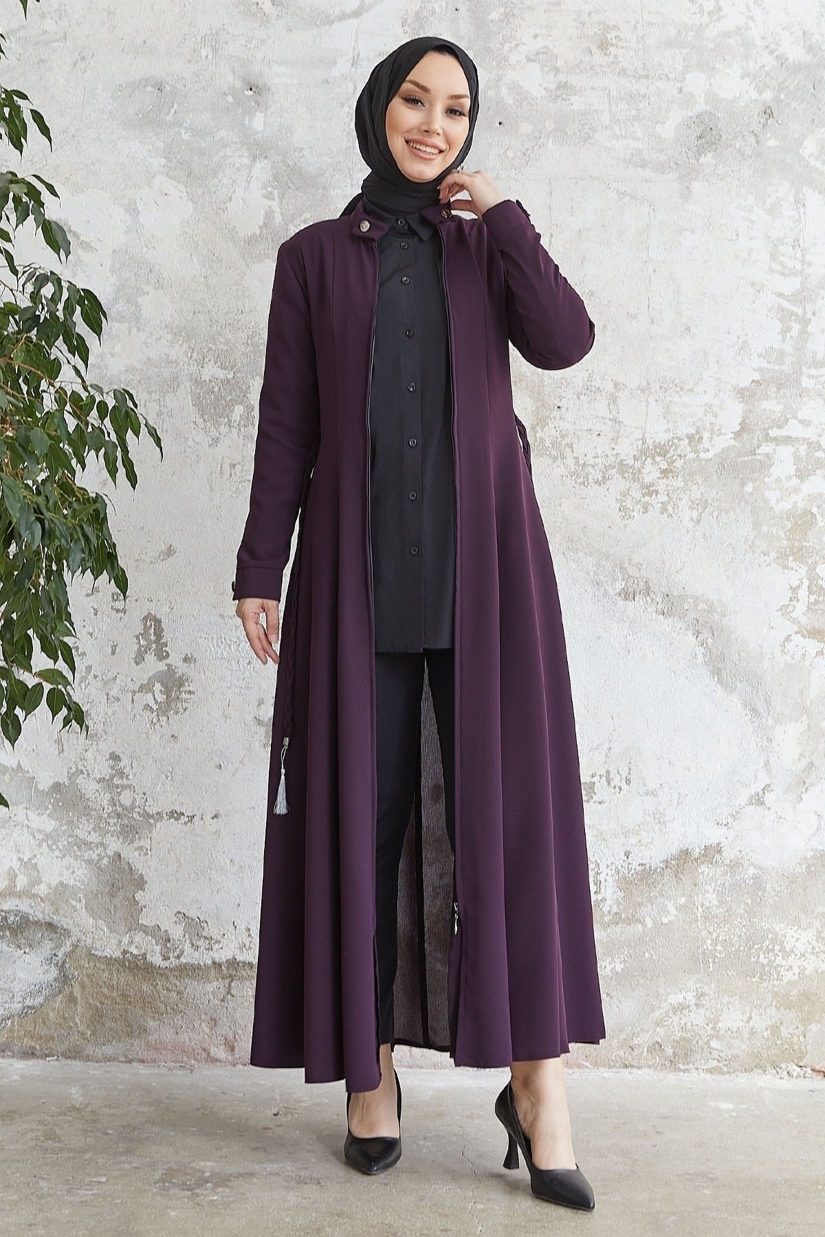 Velvet Collar Button Belt Knitted Abaya - Plum Ms00tz7001