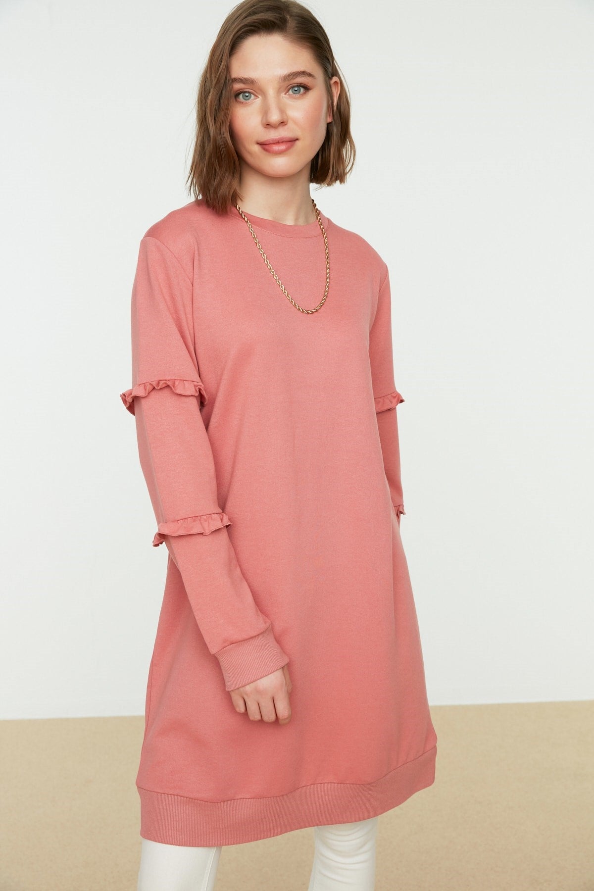 Dusty Rose Crew Neck Sleeves Ruffle Knitted Tunic Tctss21tn0088