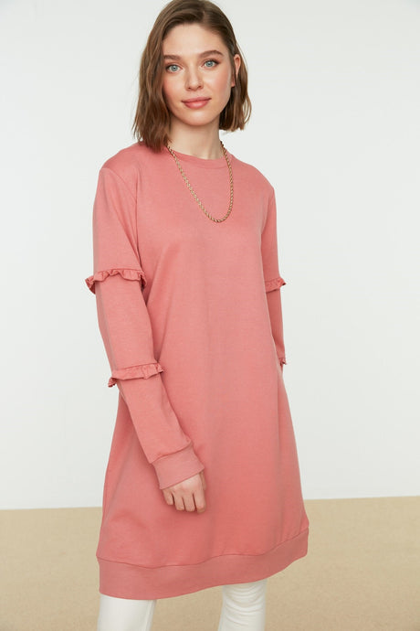 Dusty Rose Crew Neck Sleeves Ruffle Knitted Tunic Tctss21tn0088