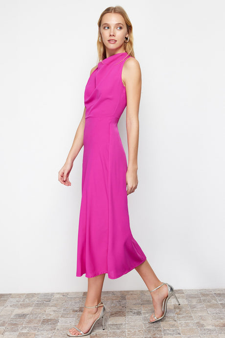 Pink Degaje Neckline Skirt Cut Detailed Midi Woven Dress Twoss24el00390