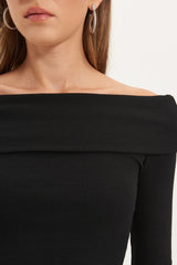 Black Fitted/body Fit Carmen Collar Long Sleeve Ribbed Flexible Knitted Blouse Twoaw22bz0126