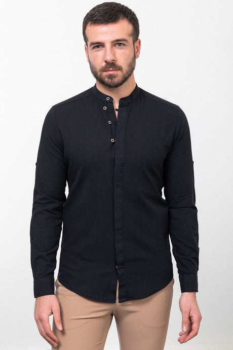 Patterned Navy Blue Color Slim Fit Dominant Collar Long Sleeve Linen Men's Shirt 37780.23y