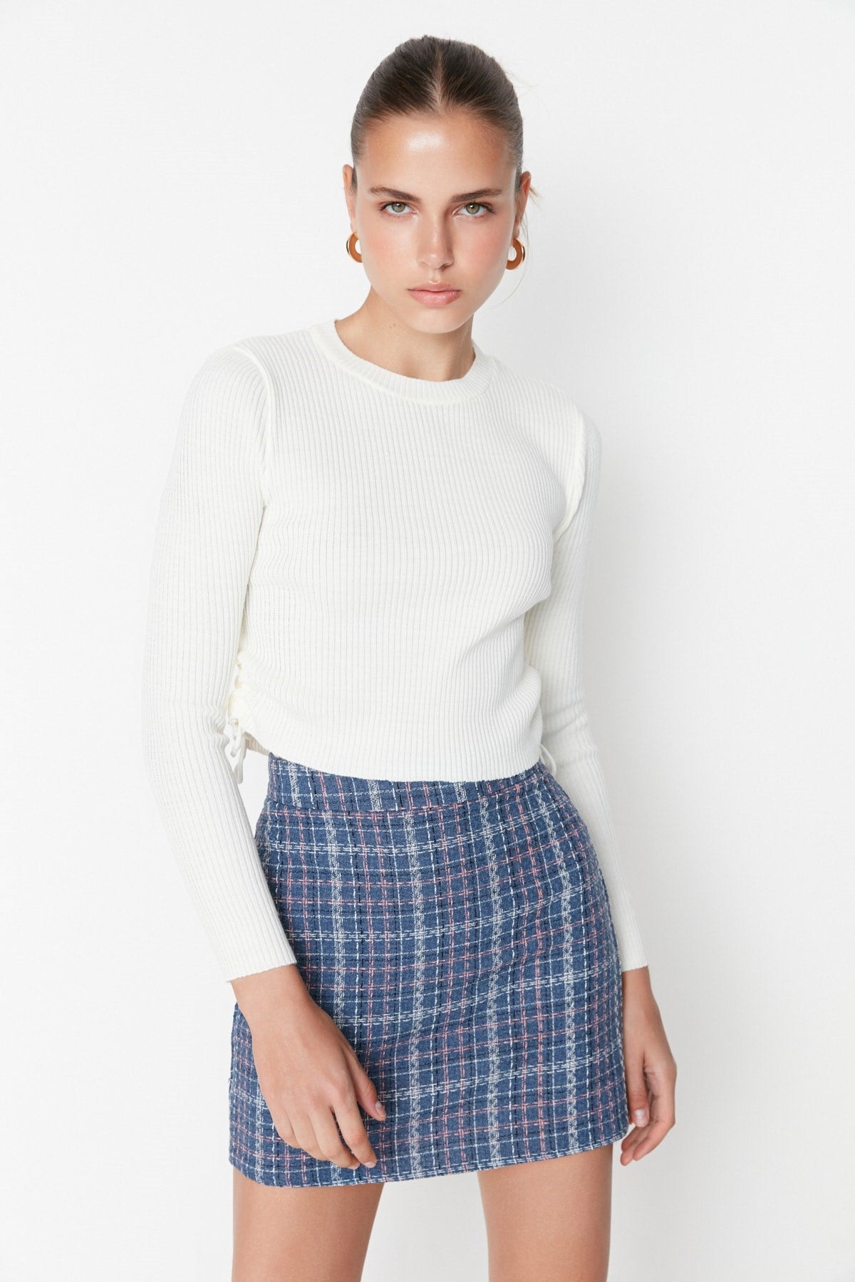 Indigo Plaid Pattern Tweed Fabric Mini Woven Skirt Twoaw23et00017