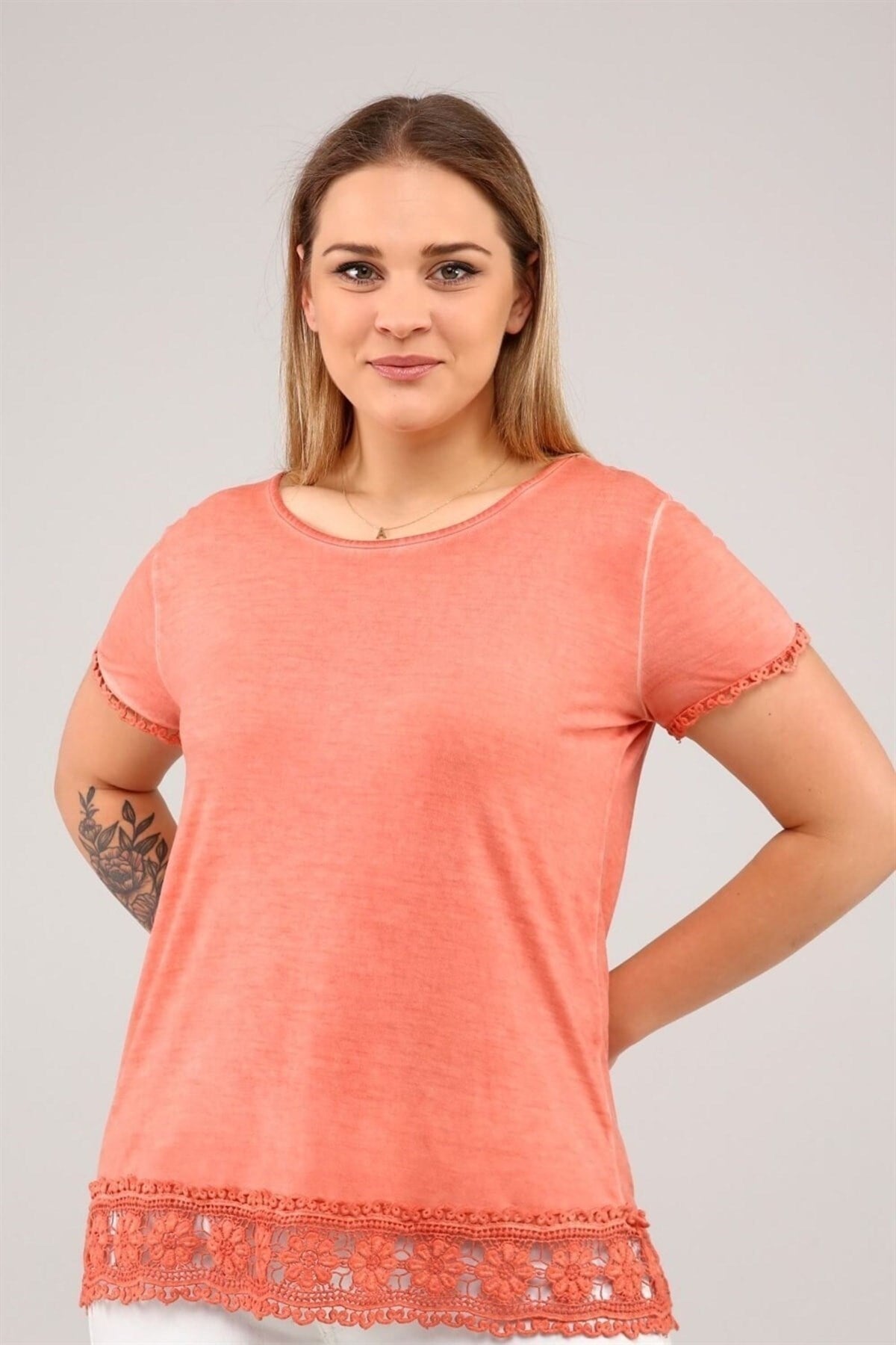 Short Sleeve Skirt Lace Oil Wash Tunic-salmon Sea-ts2072