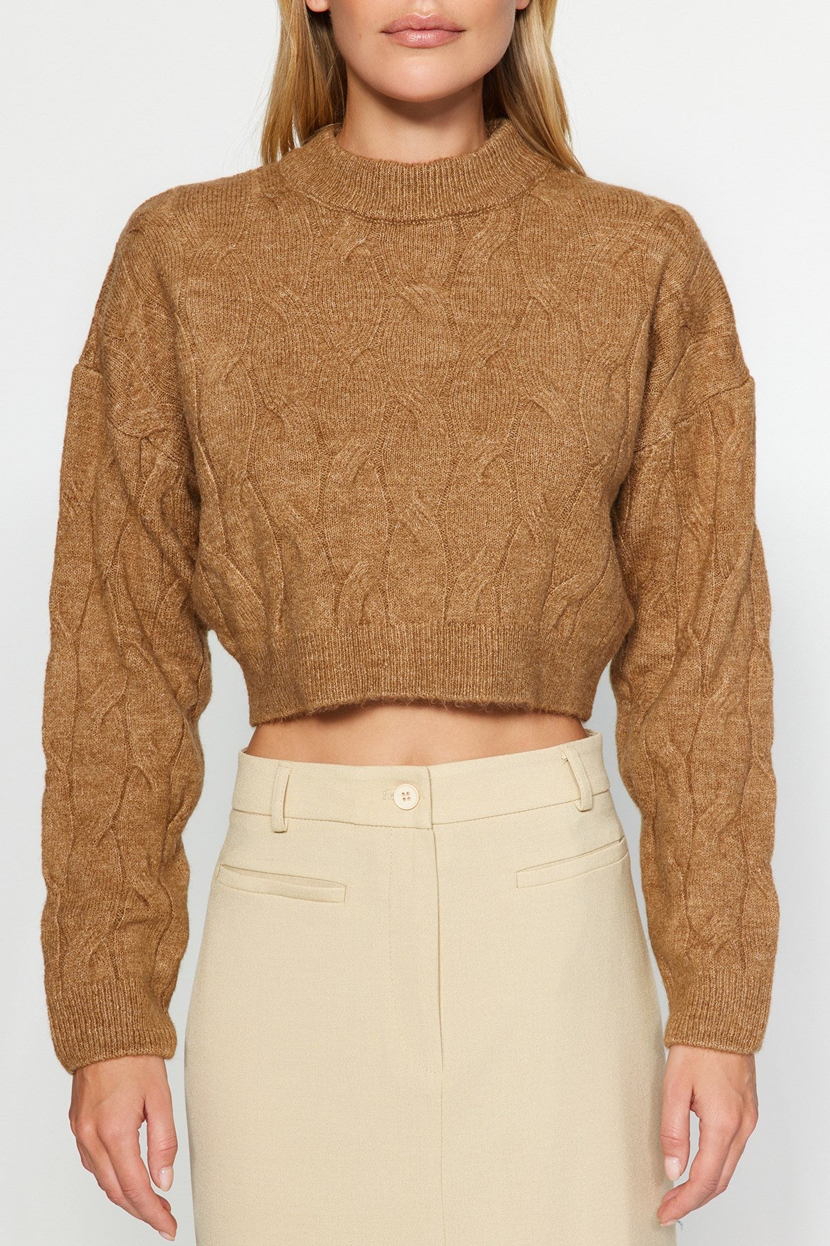 Beige Crop Crew Neck Knitwear Sweater Twoaw24kz00695