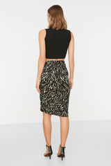 Black Printed Ruffle And Slit Fitted/body-fitting High Waist Mini Knit Skirt Twoaw22et0401