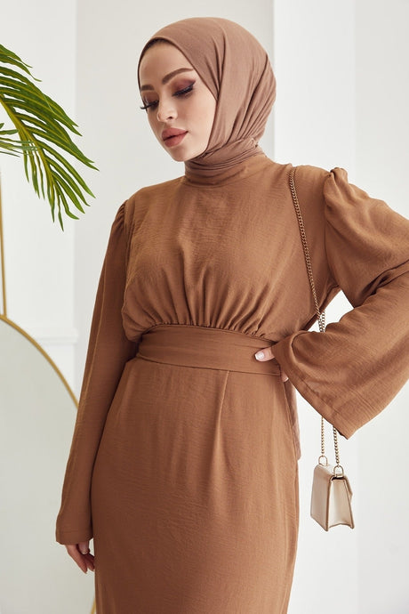 Rina Self Belted Ayrobin Dress - Brown Ms00in10902