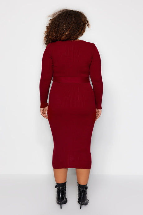 Burgundy Tie Waist Detailed Buttoned Knitwear Dress Tbbaw24ah00003