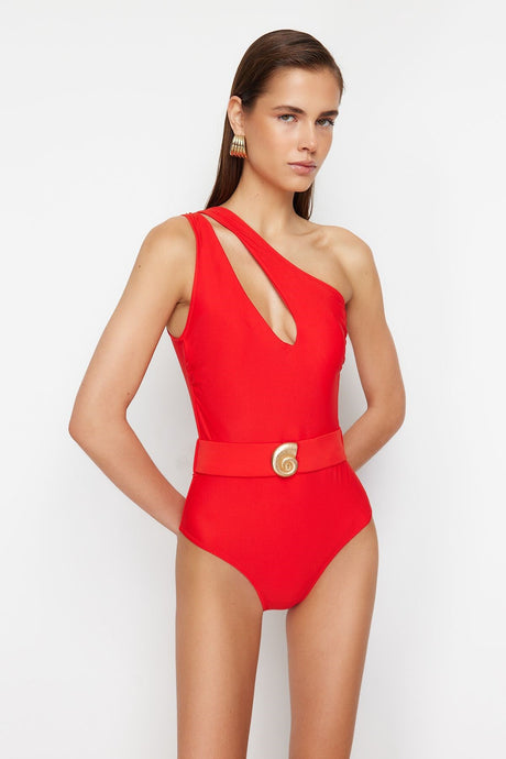 Red Belt One Shoulder Accessory Regular Swimsuit Tbess24ma00147