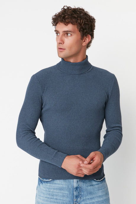 Grey Men's Slim Fit Turtleneck Ribbed Knit Basic Sweater Tmnaw20mg0031