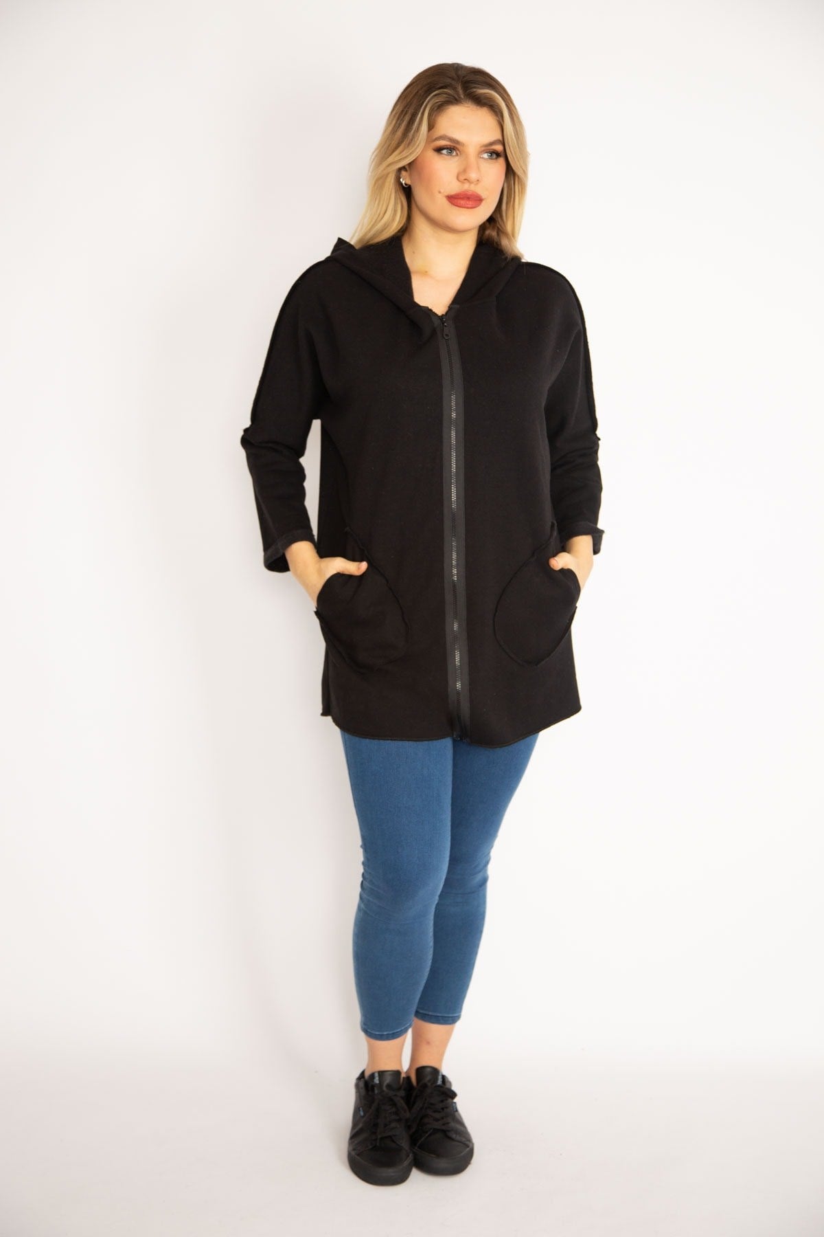 Women Plus Size Black Front Zipper Pocket And Hooded Coat 65n35108 65n35108