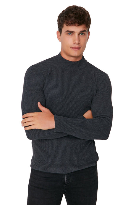 Brown Men's Fitted Slim Fit Half Turtleneck Ribbed Knitwear Sweater Tmnaw21kz0568