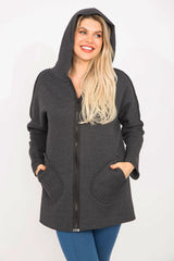 Women Plus Size Black Front Zipper Pocket And Hooded Coat 65n35108 65n35108