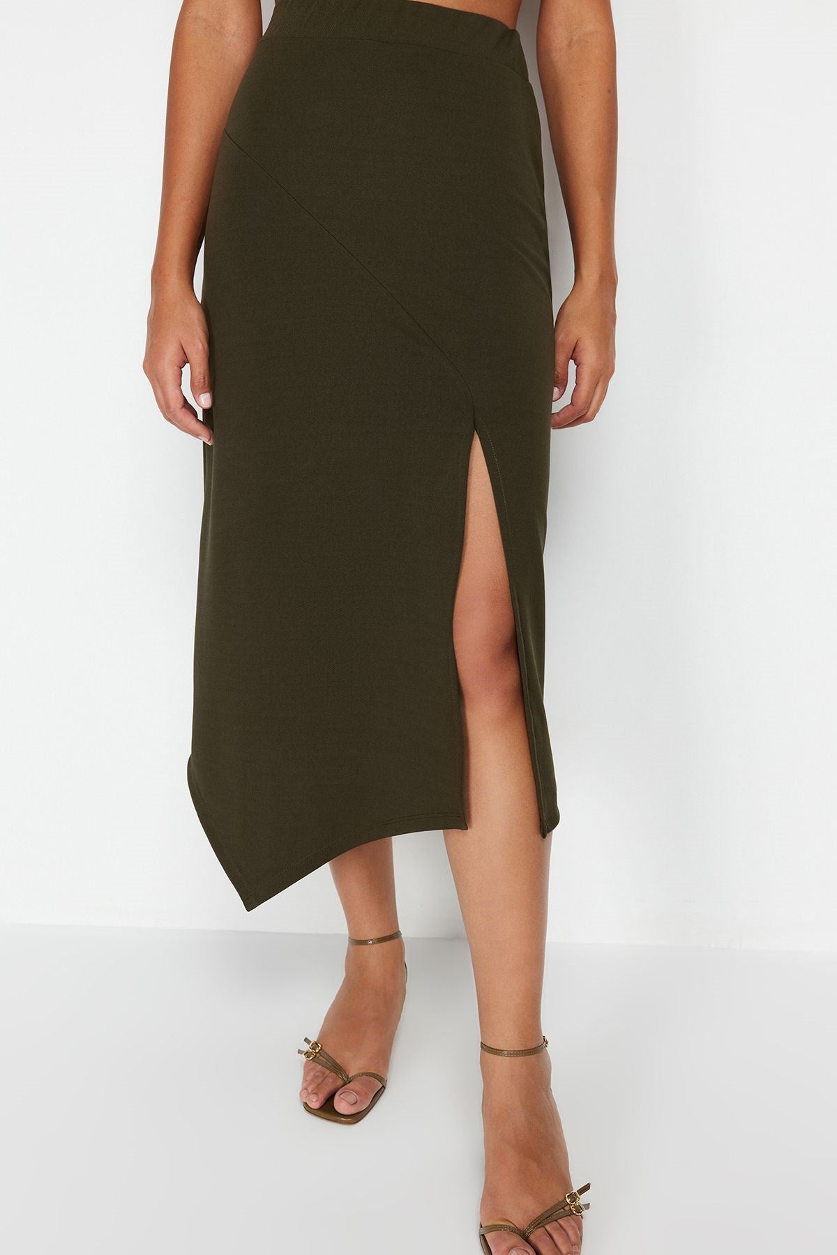 Khaki Asymmetric Cut And Slit Detail Maxi Skirt Twoss24et00043