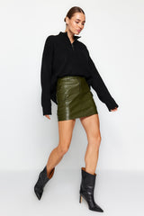 Khaki Faux Leather Cargo Pocket High Waist Body-fitting Mini Knitted Skirt Twoaw24et00148