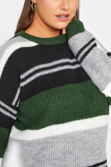 Plus Size Striped Round Neck Slit Detailed Knitwear Sweater 301831