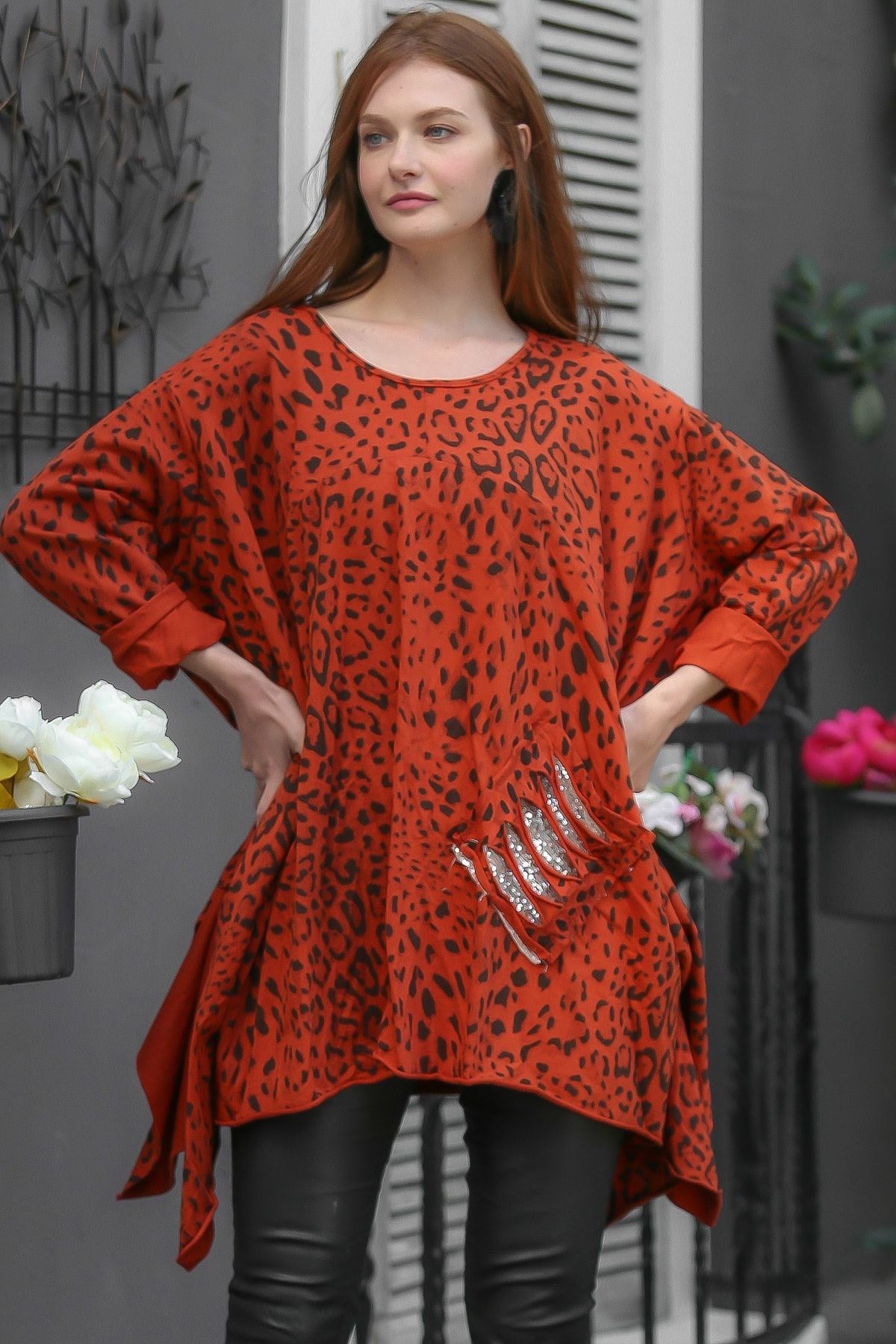 Women's Navy Italian Leopard Pattern Sequin Pocket Detailed Oversized Tunic M10010500tn99595