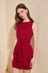 Burgundy Belted Body-wrap Neckline Mini Woven Dress Twoss19aa0063