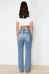 Blue Ripped High Waist Wide Leg Jeans Twoss24je00073