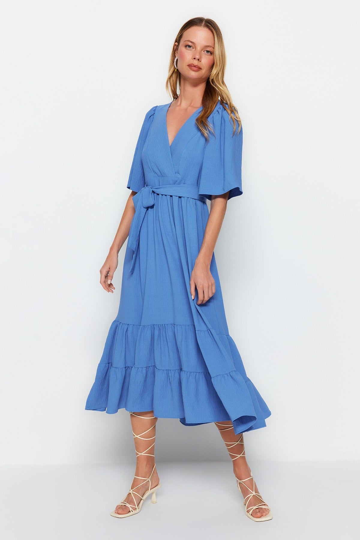 Indigo Belted A-cut Double-breasted Neckline Back Detailed Midi Woven Dress Twoss23el02164