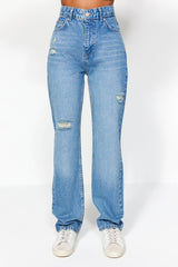 Blue Ripped High Waist Long Straight Jeans Twoaw24je00033