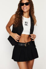 Black Pleated High Waist Denim Shorts Skirt Twoss24sr00026