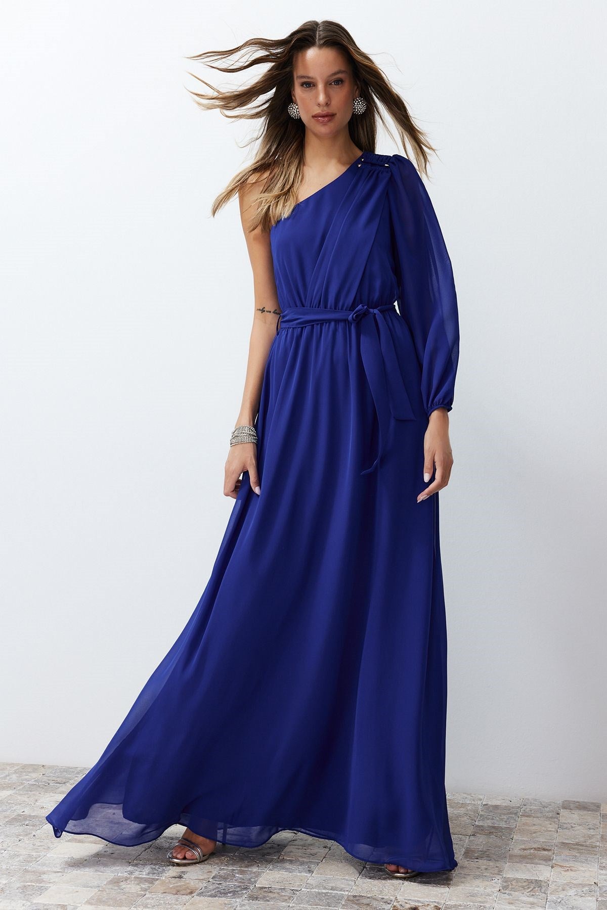 Saks One Sleeve Accessory Chiffon Long Night Evening Dress Tprss24ae00085