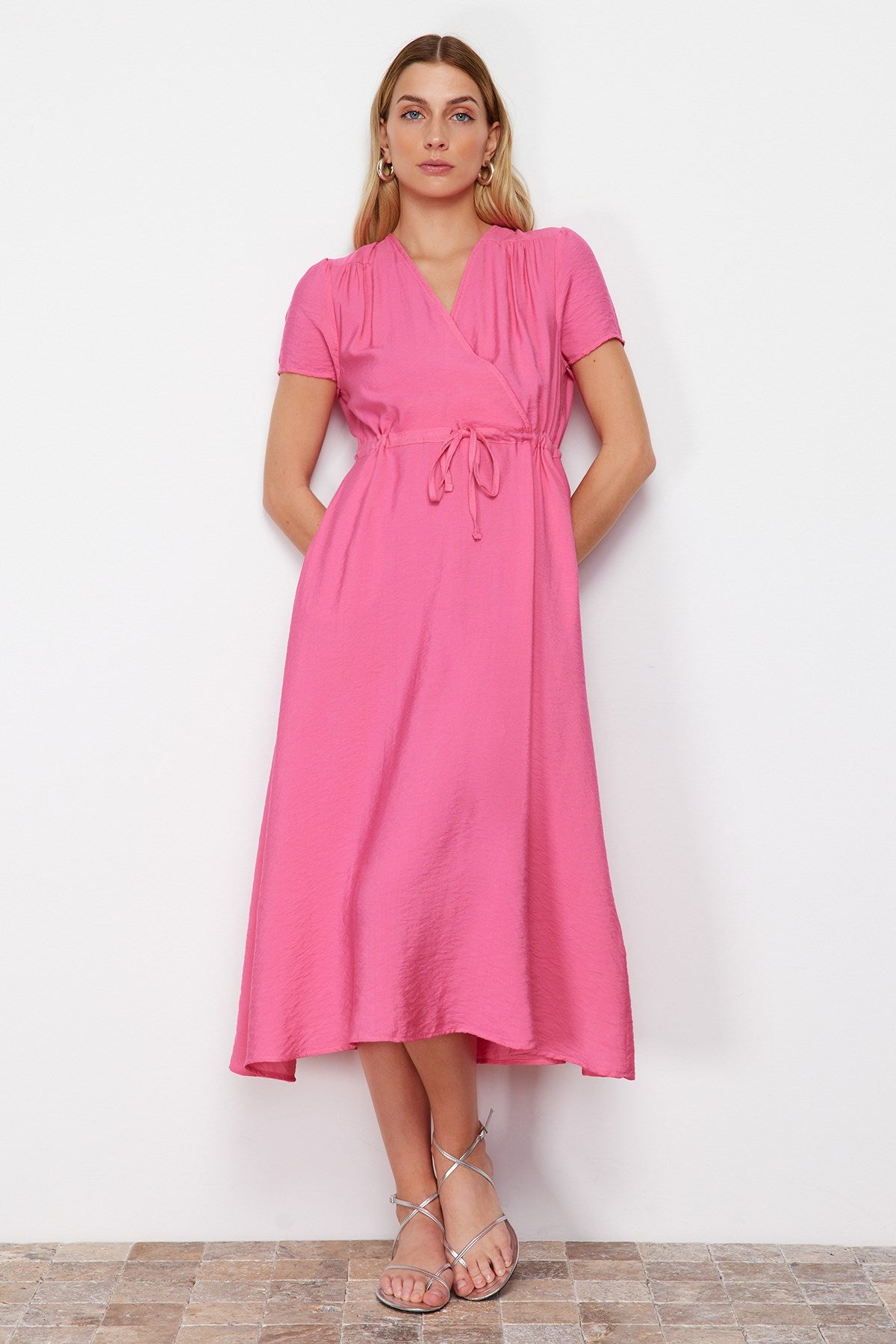 Fuchsia V-neck Midi Woven Dress Twoss24el00501