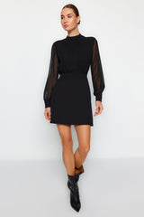 Black A Cut Sheer Neckline Lined Chiffon Mini Woven Dress Twoaw24el00296