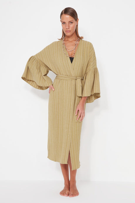 Ecru Belted Maxi Woven Ruffle Linen Blend Kimono&kaftan Tbess23km00028