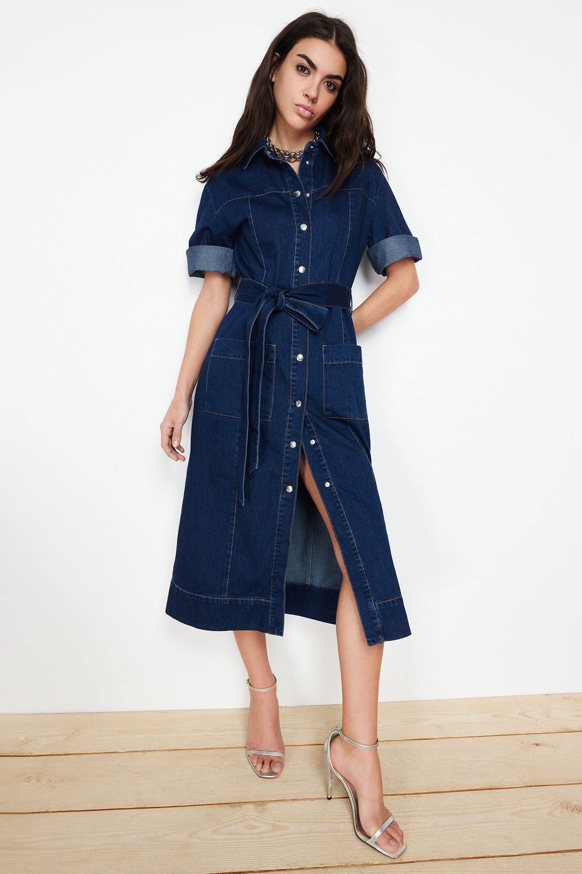 Blue More Sustainable Belted Denim Maxi Dress Twoss24el00531