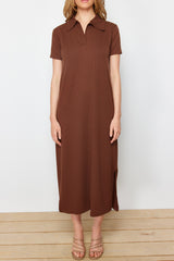 Brown Polo Neck Shift/nromal Cut Midi Knit Dress Twoss24el01012