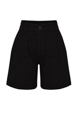 Black 100% Linen Pleated High Waist Shorts Twoss24sr00093