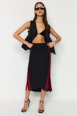 Black Color Block Midi Knit Skirt Twoss24et00018