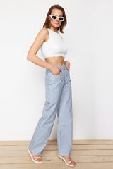 Blue Striped High Waist Extra Wide Leg Jeans Twoss24je00256