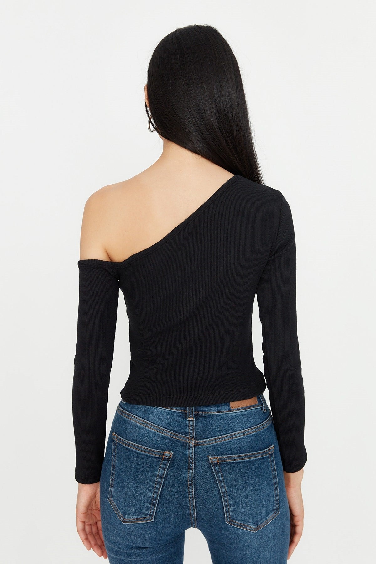 Black Fitted/body-fitting Asymmetrical Neckline Shoulder Open Ribbed Knit Blouse Twoaw23bz00088