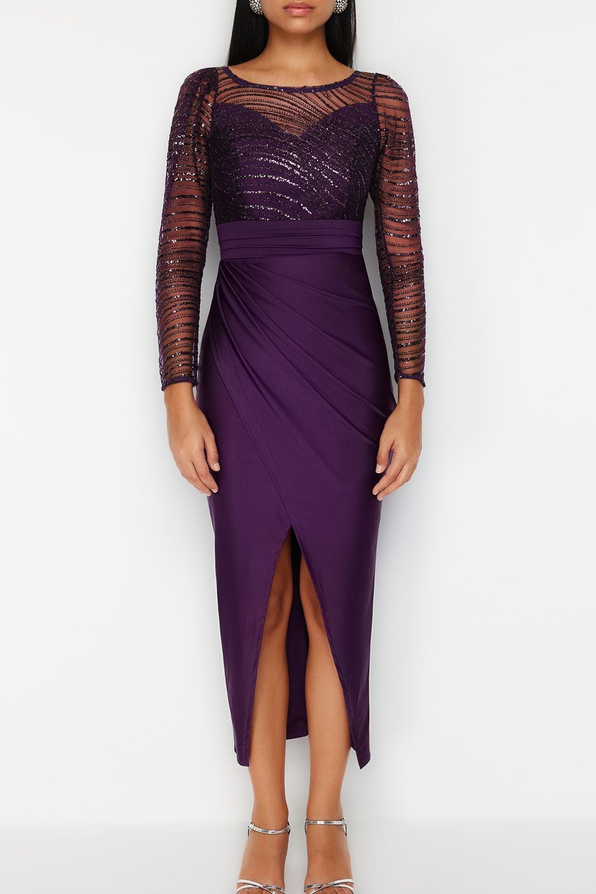 Purple Tulle Detailed Knitted Elegant Evening Dress Tprss24ae00103