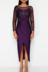 Purple Tulle Detailed Knitted Elegant Evening Dress Tprss24ae00103