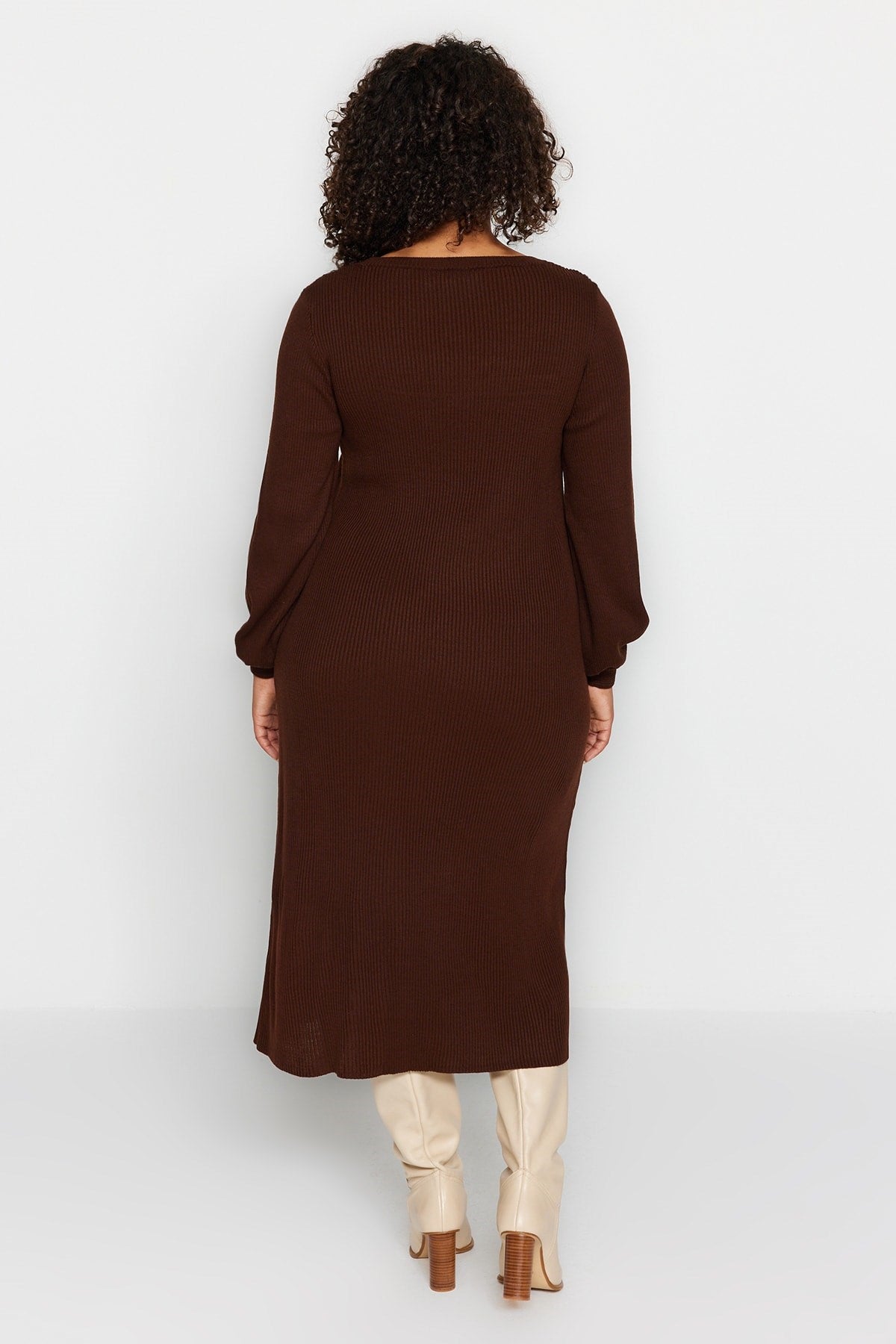 Brown Button Detailed Slit Knitwear Dress Tbbaw24ah00009