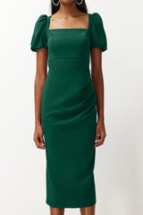 Emerald Green Waist Detailed Body Sitting Woven Dress Tprss24el00158