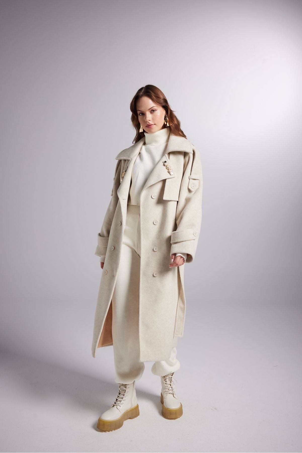 Accessory Detailed Wool Blend Maxi Size Woody Coat Ecru Hlwoodycoat