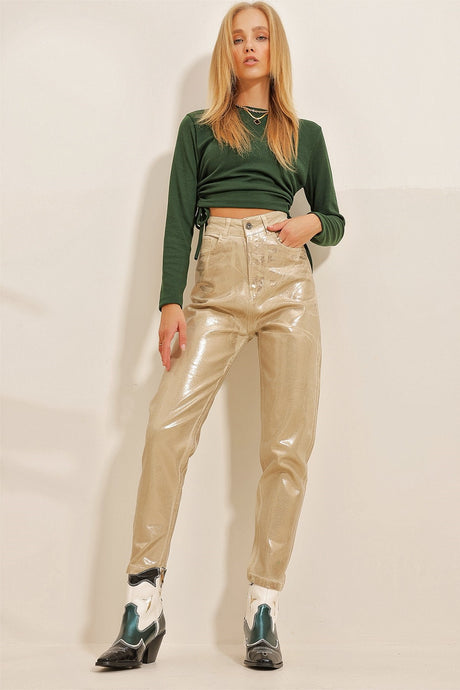 Women's Gold Gold Plastering Mom Jeans Pants Alc-x10862