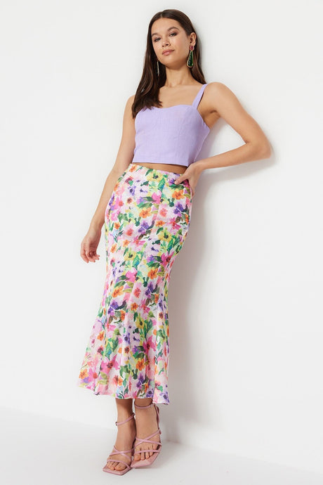 Multicolor Floral Pattern Maxi Length Woven Skirt Twoss23et00124