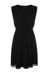 Black Belted V-neck Mini Lined Woven Dress Twoss23el02357