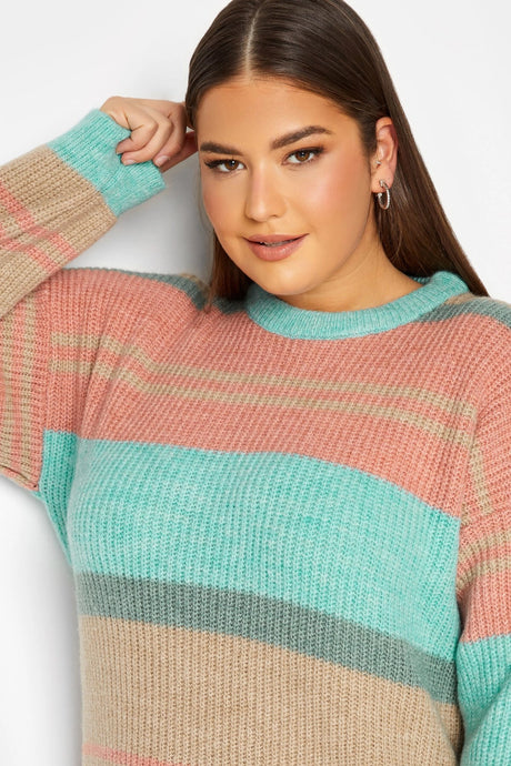 Plus Size Striped Round Neck Slit Detailed Knitwear Sweater 301831