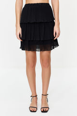 Black Pleated Skirt Ruffle Chiffon Mini Woven Skirt Twoss24et00047